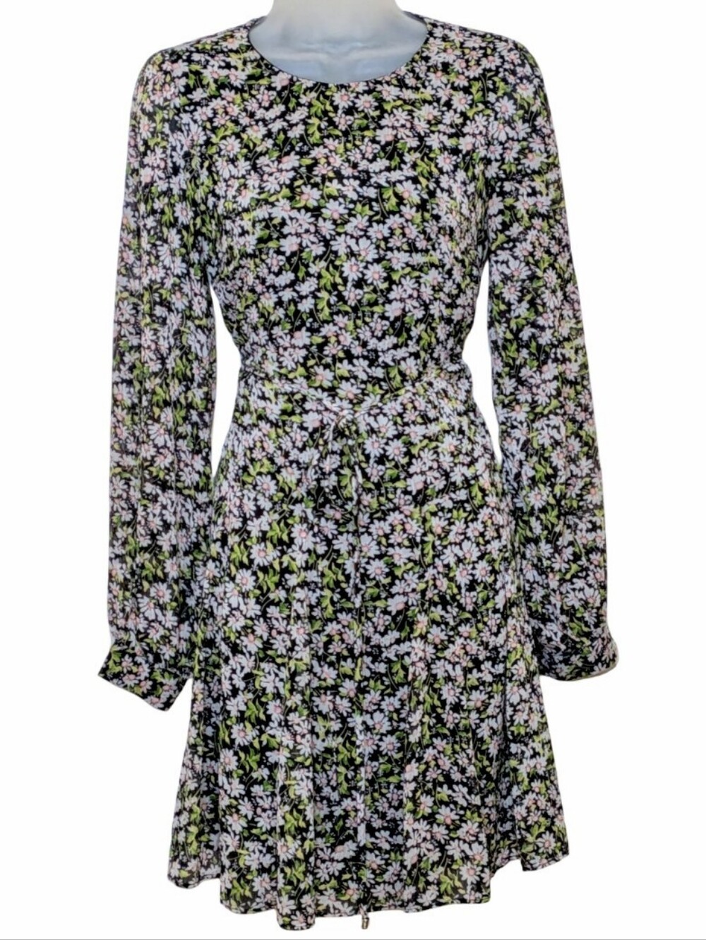 Tommy Hilfiger | Black Floral Long-Sleeve A-Line Dress | Drop Waist | Tie Waist
